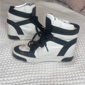 Michael Kors White and Black Wedge High Top Leather Lace up Sneakers